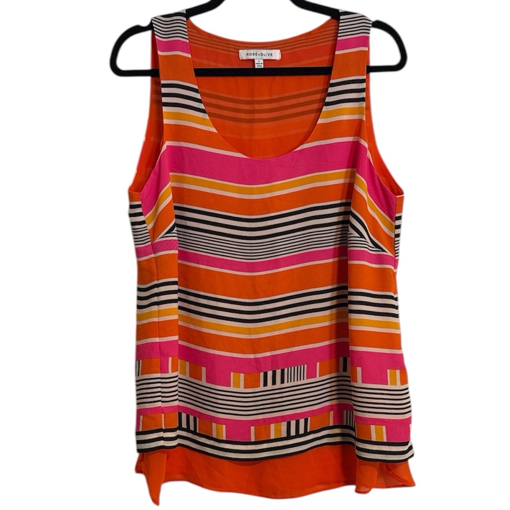 🖤 Rose + Olive Orange, Pink, and White Striped Sleeveless Blouse